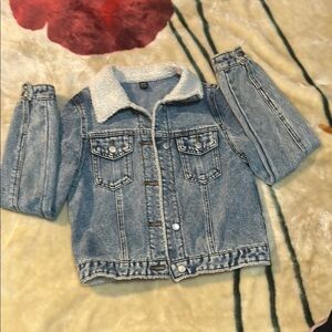 Blue and White Cropped Jean Jacket with Pointed Collar
